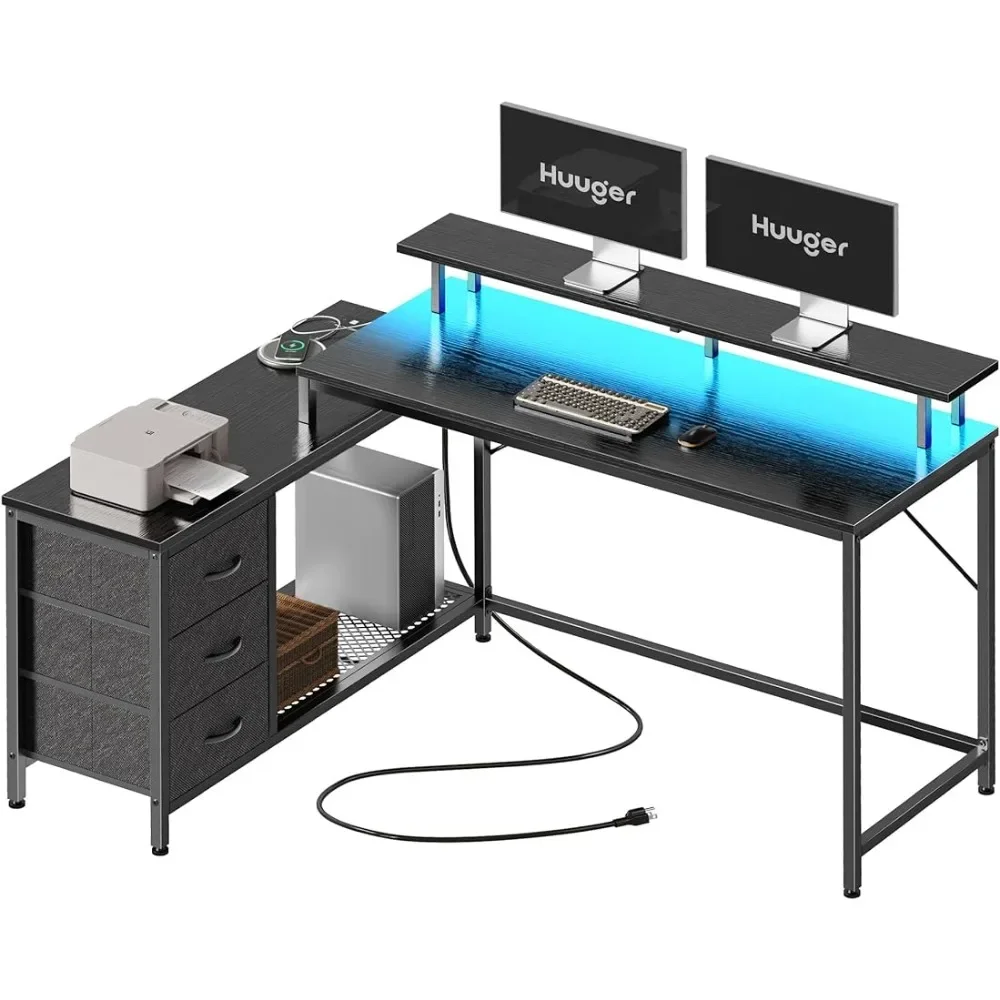 

Huuger L Shaped Computer Desk with LED Lights Power Outlets, Gaming Desk Drawers & Storage Shelf, with Monitor Stand