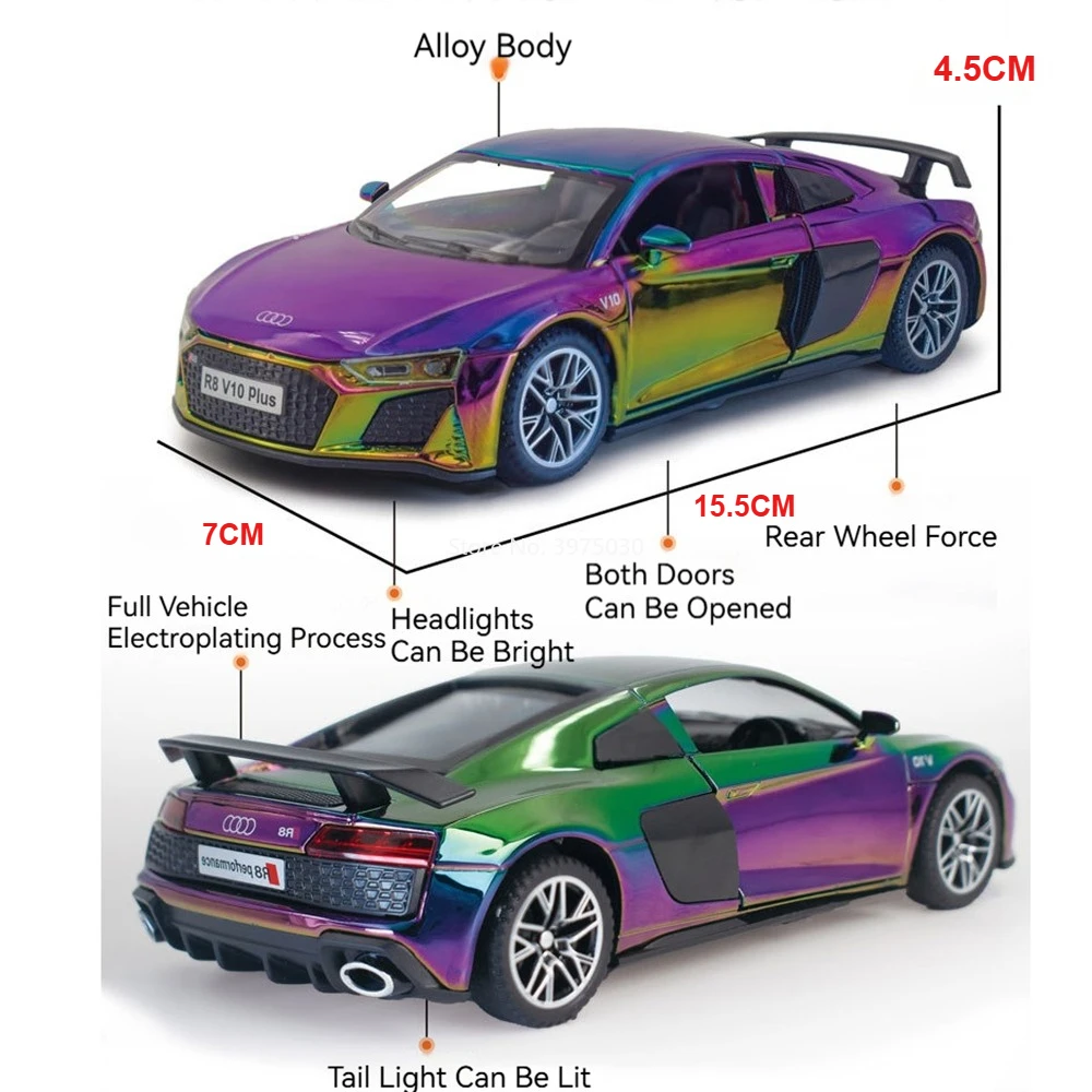 1:32 AUDI R8 V10 Alloy Models Toys Diecast Cars Doors Opened Miniature Model with Pull Back Vehicles for Kids Collection Gifts