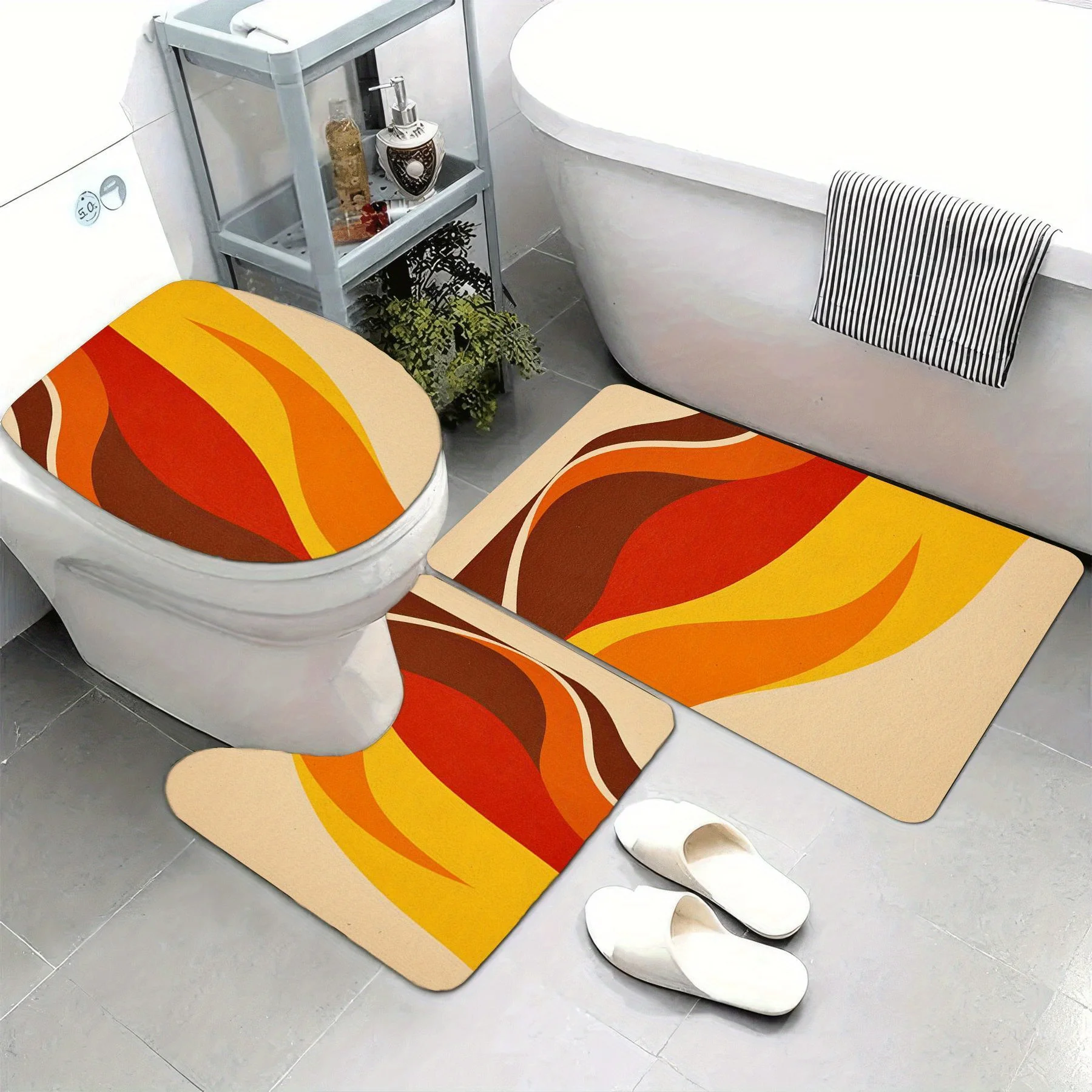 

3pcs Super Soft Bathroom Floor Mats Set, Absorbent, with Non-slip Backing, Vintage Retro Wave Print Suitable for Bathroom, Toile