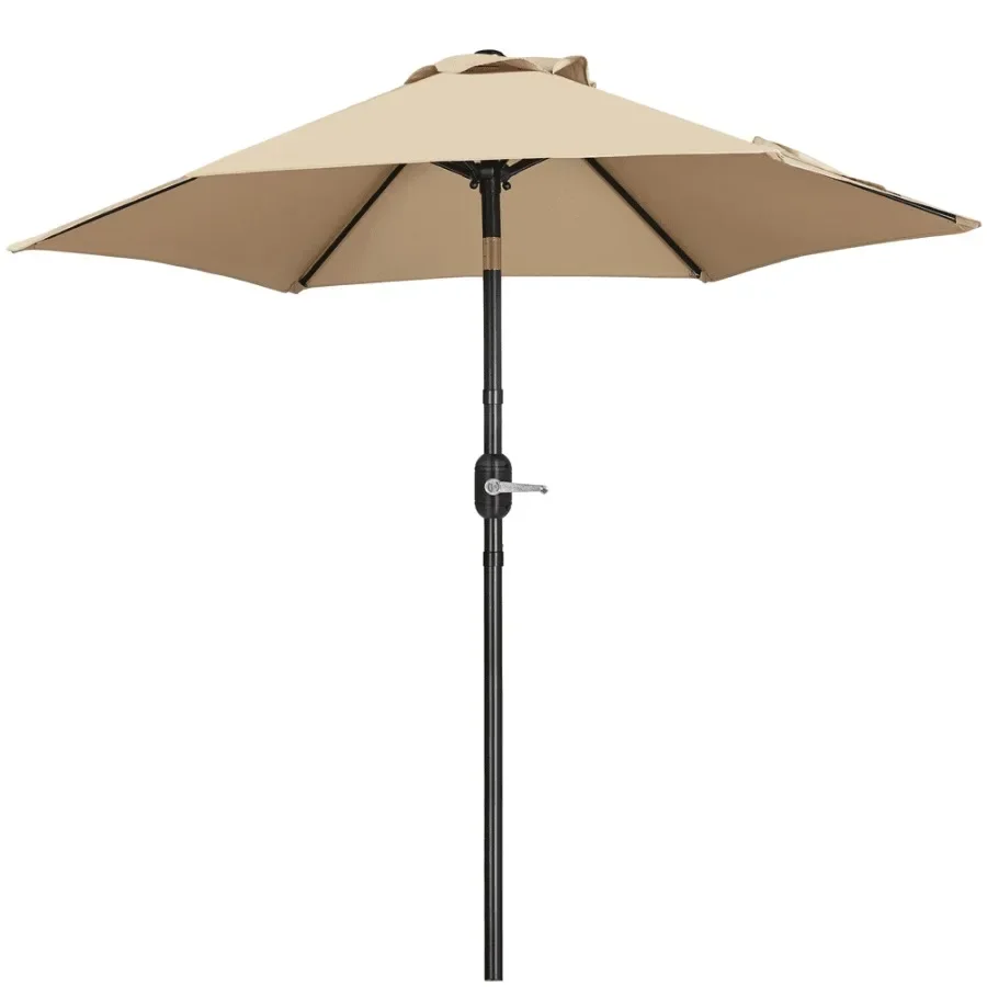 

7.5FT Patio Umbrella with 6 Ribs Push Button Tilt and Crank for Garden, Tan Polyester Fabric, Beige, UV-Resistant Rust-Proof