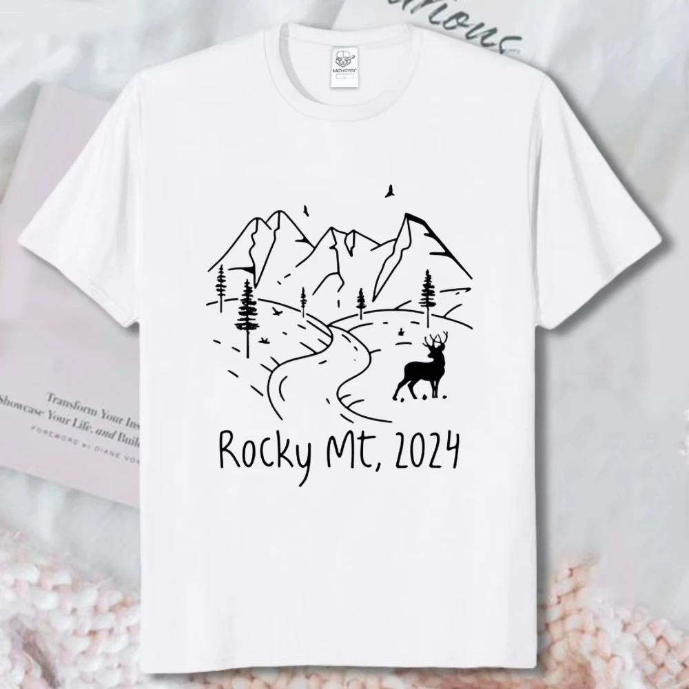 Rocky Mt 2024 Deer Mountain Single Line Graphic T Shirt Women Minimal Wilderness Sketch Print Tee Cotton Travel Souvenir Tops