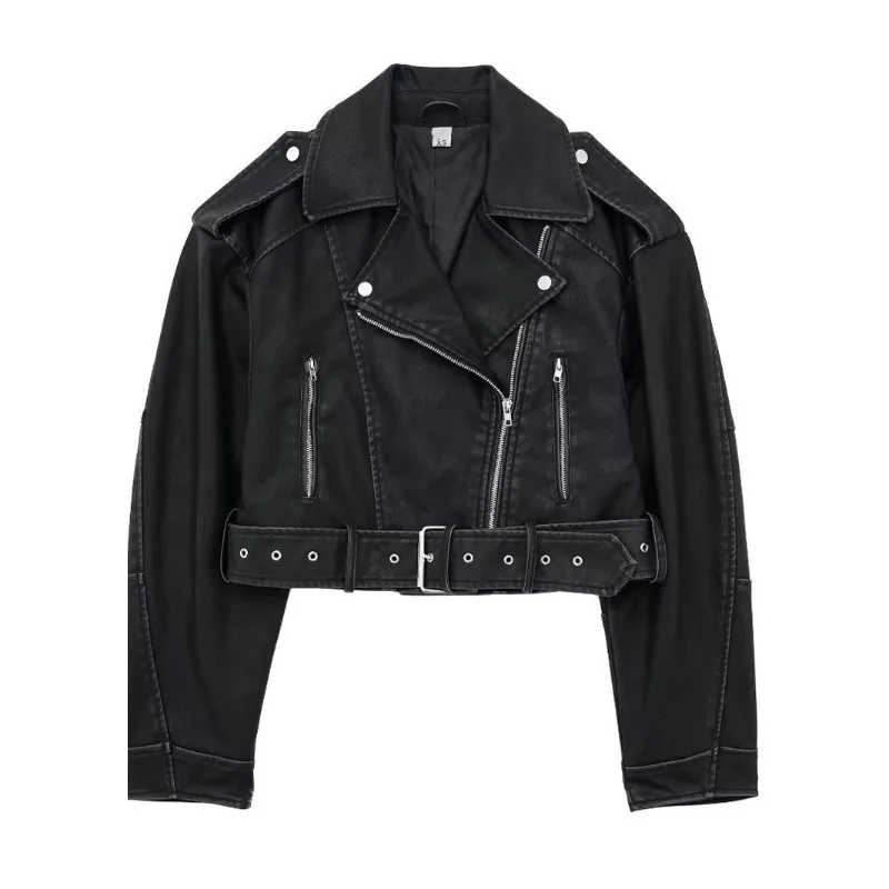 เสื้อแจ็คเก็ตหนังผู้หญิงทรงเข้ารูป คอปก แขนยาว ติดซิป สไตล์สตรีทแวร์ รุ่นใหม่ปี 2025 สีเงิน ทำจากหนัง PU