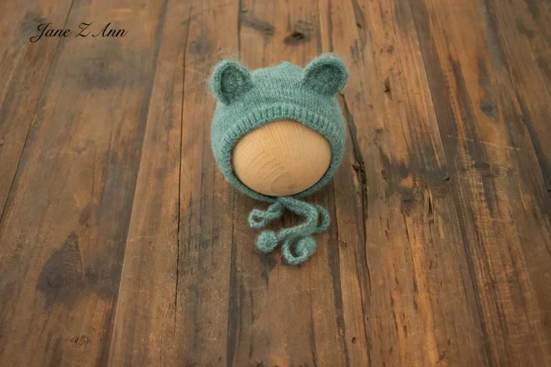 Baby boy girl sitter size teal color knitted bear bonnet+romper outfits infant photo props