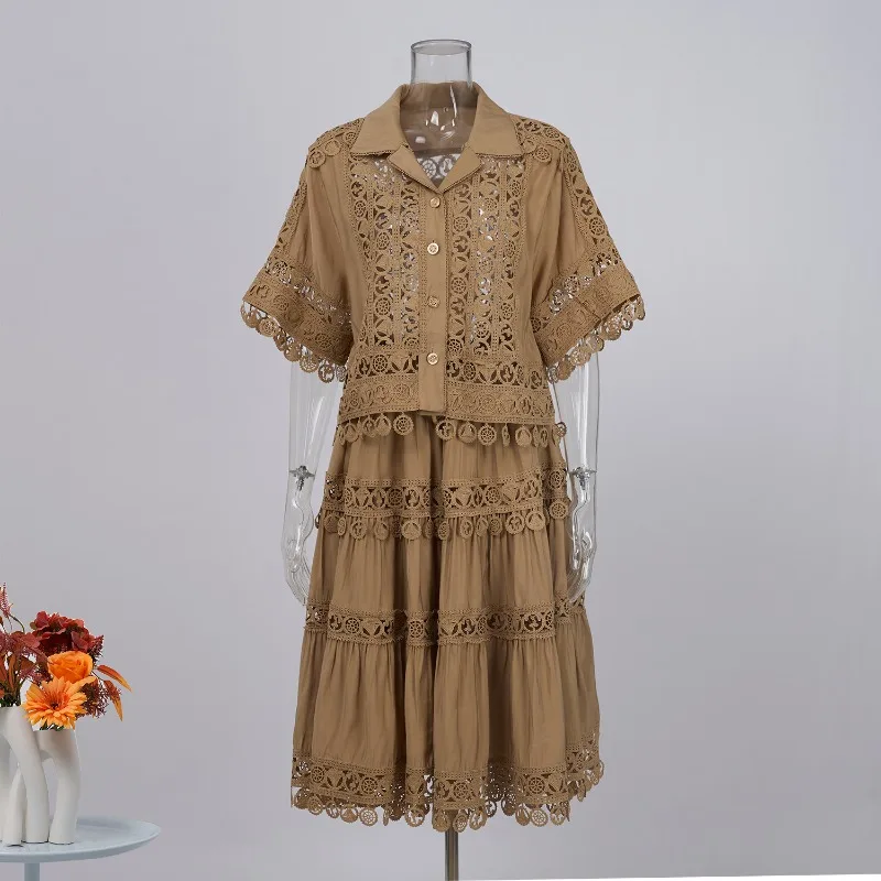 

New Fashion 2026 Summer Women's Sets Palace Style Lace Hollowed Out Turn-down Collar Short Tops Spliced Skirt Suit for Female