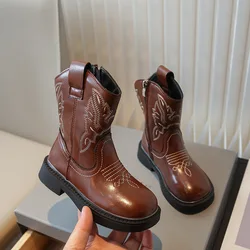 Stivali in pelle PU per bambini Stivaletti lunghi classici da cowboy occidentali ricamati per ragazze Scarpe retrò autunnali con punta tonda e suola morbida