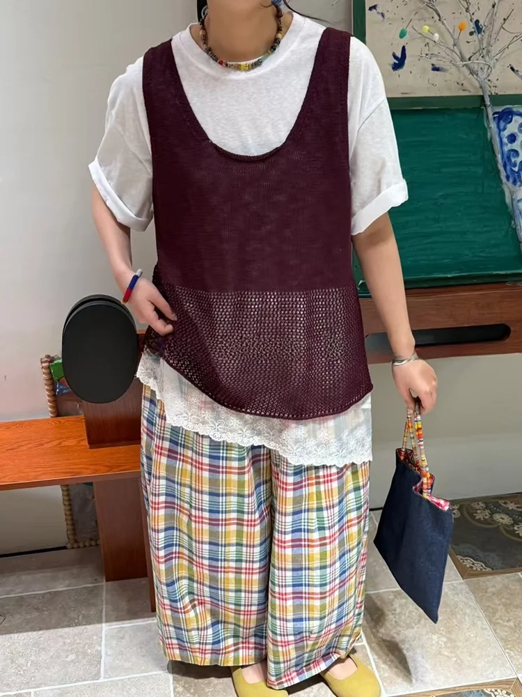 

Летний японский вязаный тонкий жилет большого размера, женский трикотаж больших размеров, цвет красного вина, маленькие и большие иглы