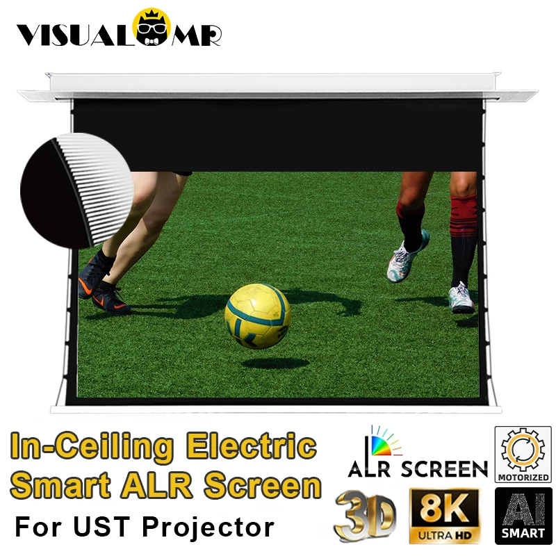 Pantalla de proyección eléctrica empotrada en el techo, rejilla negra, ALR UST, IA, táctil motorizada inteligente, empotrable en el techo para proyectores cortos