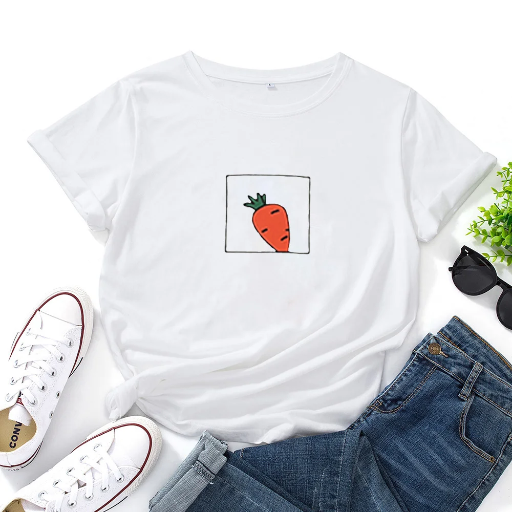 Carrot Vegetable Pattern Printing T-shirt Women O-neck Cotton T Shirt Women Fashion Harajuku Casual Short-sleeved Women Tshirts