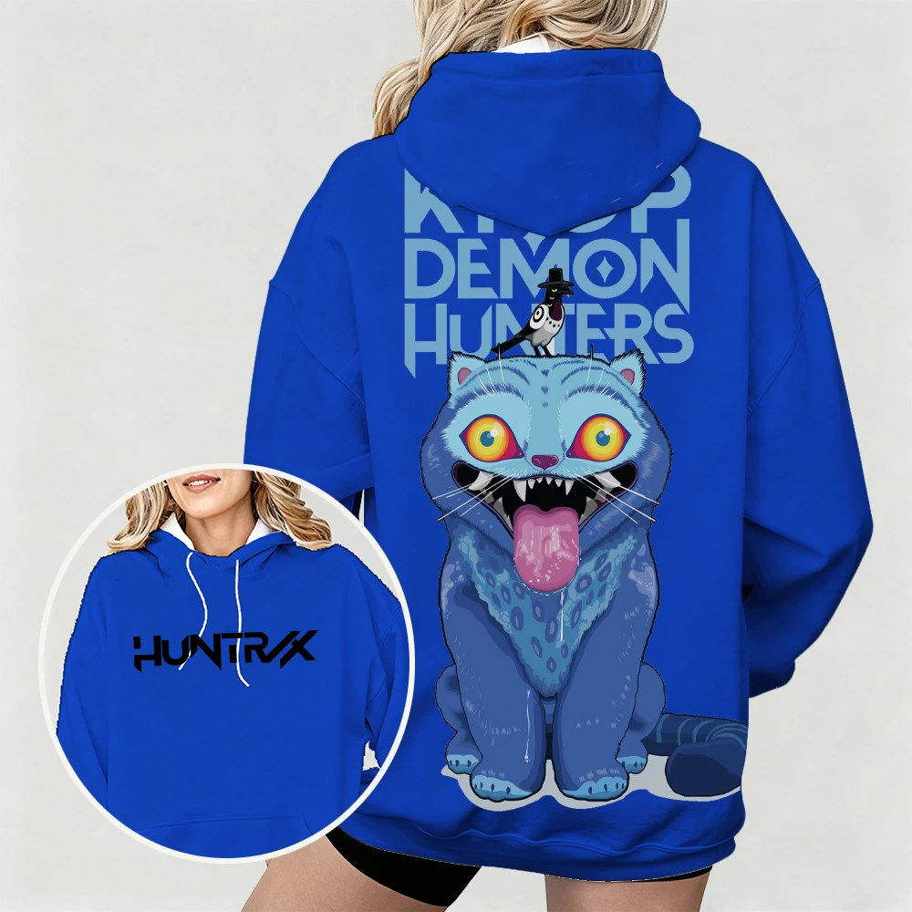 هوديي نسائي كبير الحجم مع KPop Demon Hunters Bold Derpy & Bird Graphic Print تصميم فني مزدوج الجانب للارتداء اليومي غير الرسمي