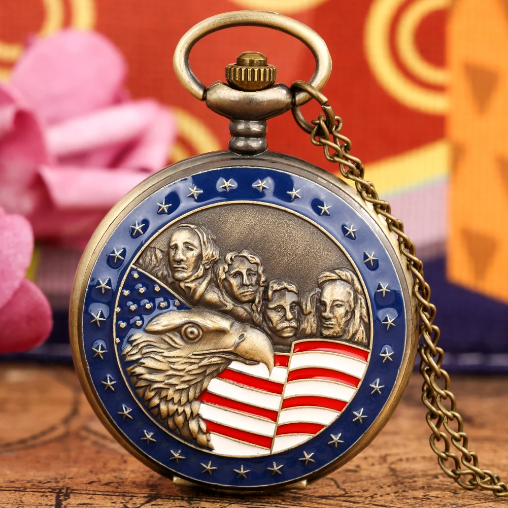 Reloj de cuarzo clásico de la serie de los Estados Unidos, cadena de suéter de bronce Retro, cazador completo, números arábigos, colgante de bolsillo