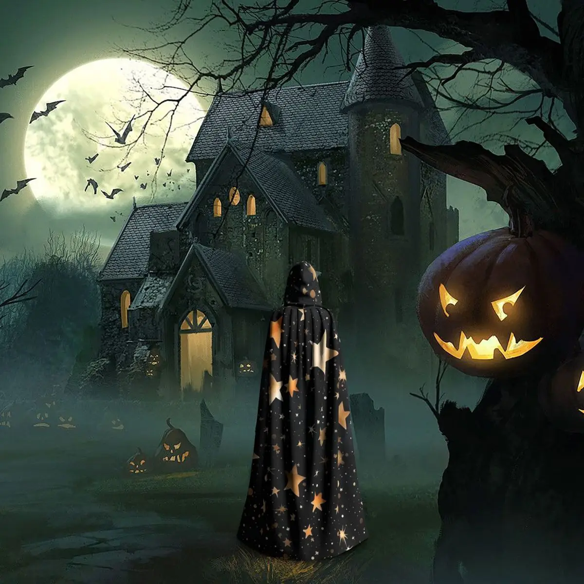 الأزرق الداكن السماء والنجوم طباعة طويلة مقنعين عباءة الساحرة القرون الوسطى زي تأثيري كيب HalloweenParty الكبار للجنسين