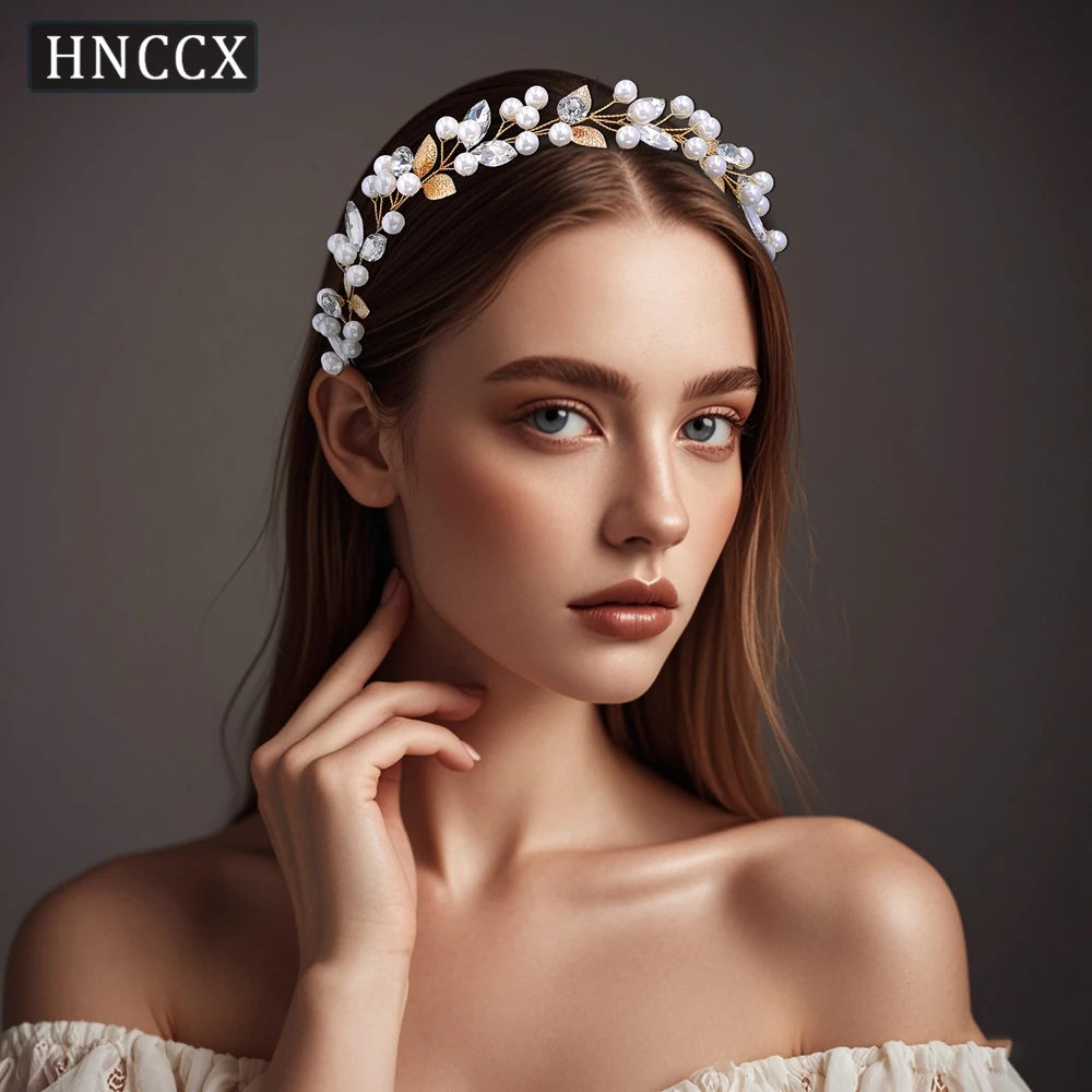 HNCCX Golden Color Bride Flowen Headband Alloy Leaf Wedding Hair Band Women Pearl Headpieces Handmade Hair Accessories CP736