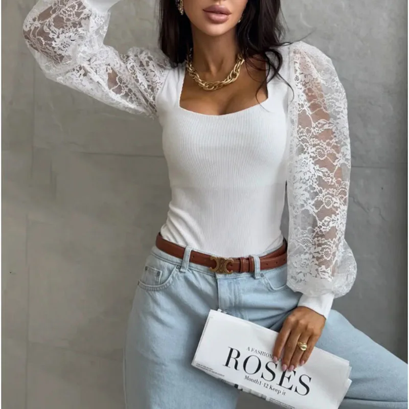 

Женский сексуальный вечерний комбинезон с U-образным вырезом и высокой талией, элегантный кружевной лоскутный тонкий короткий комбинезон, повседневное однотонное боди с длинными рукавами