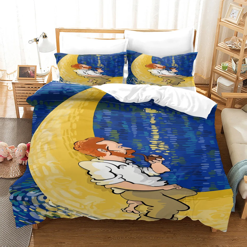 Van Gogh Ink Painting King Queen Duvet Cover Abstract Art Bedding Set for Kids Teens Adults Yellow Moon Polyester Quilt Cover