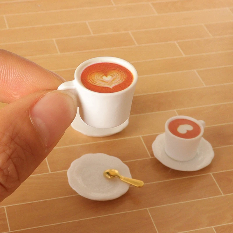 Mini taza de café, cuchara, té de la tarde, vajilla en miniatura, Latte, juguetes de decoración de casa de muñecas, Juego de 3 piezas