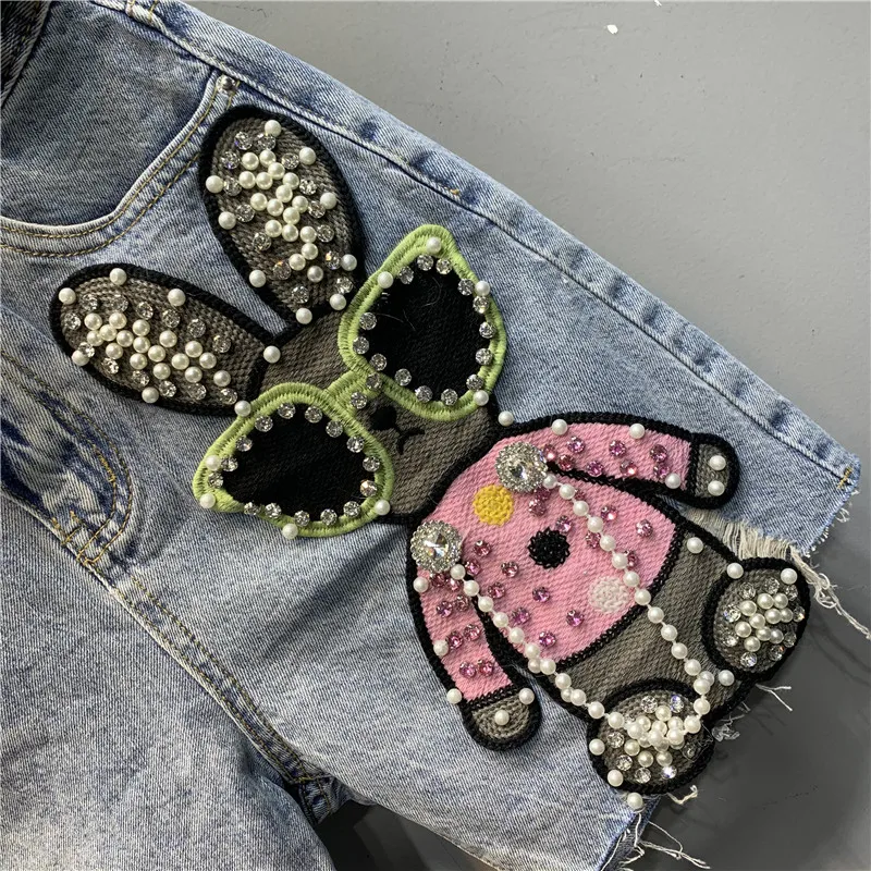 Original 2024 Summer New European Ripped Beaded Cartoon Shorts Fashion Patch High Waist Slim Streetwear Denim Straight-Leg Pants