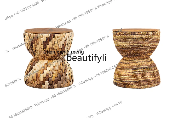 X Imported Hand-Woven Rattan Small Stool Old Teak Solid Wood Dining Stool Small Coffee Table  round Stool Southeast Asian Style