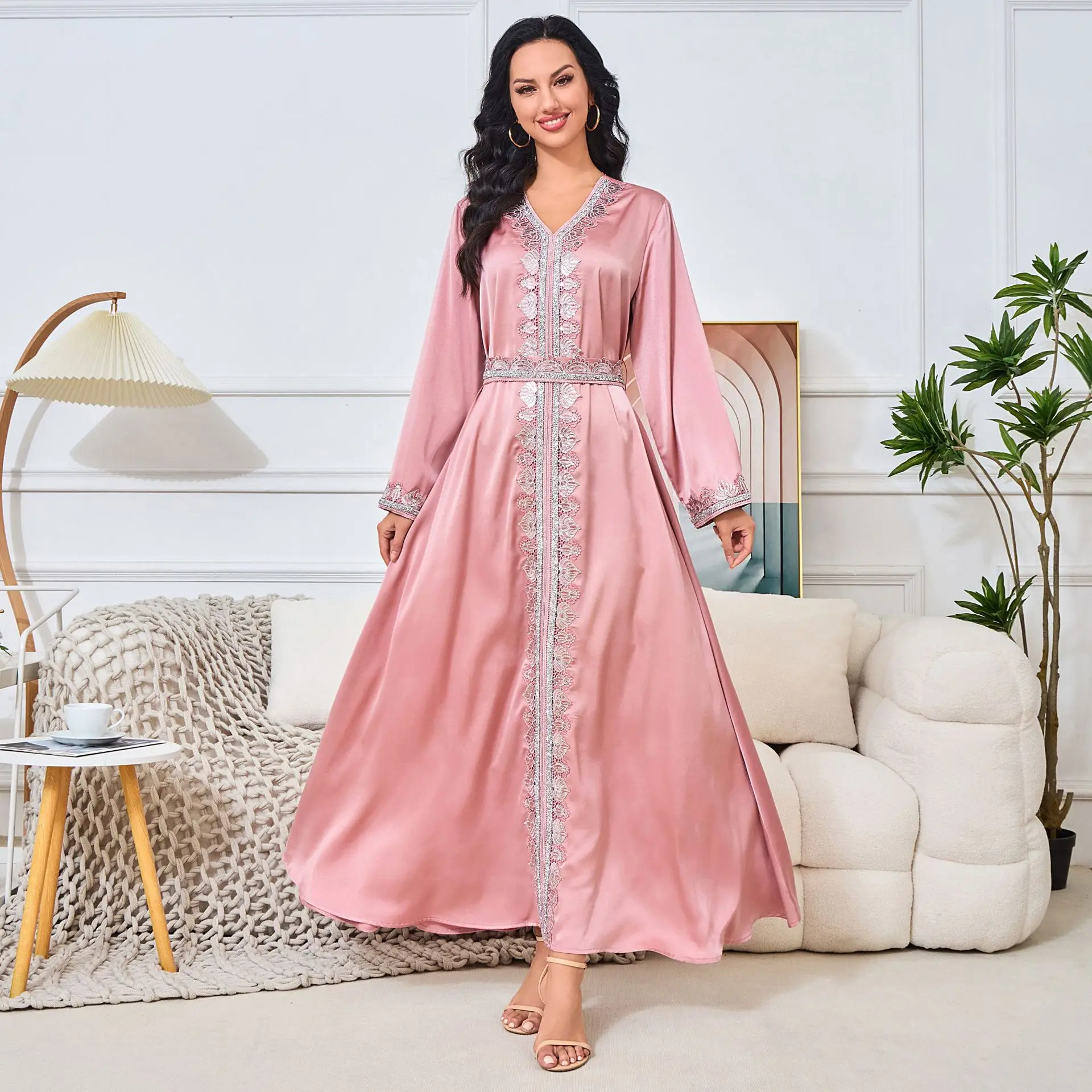 Arab Middle East Muslim Spring And Summer 2024 Dress With Diamond Lace V-neck Pure Color Gown Dress