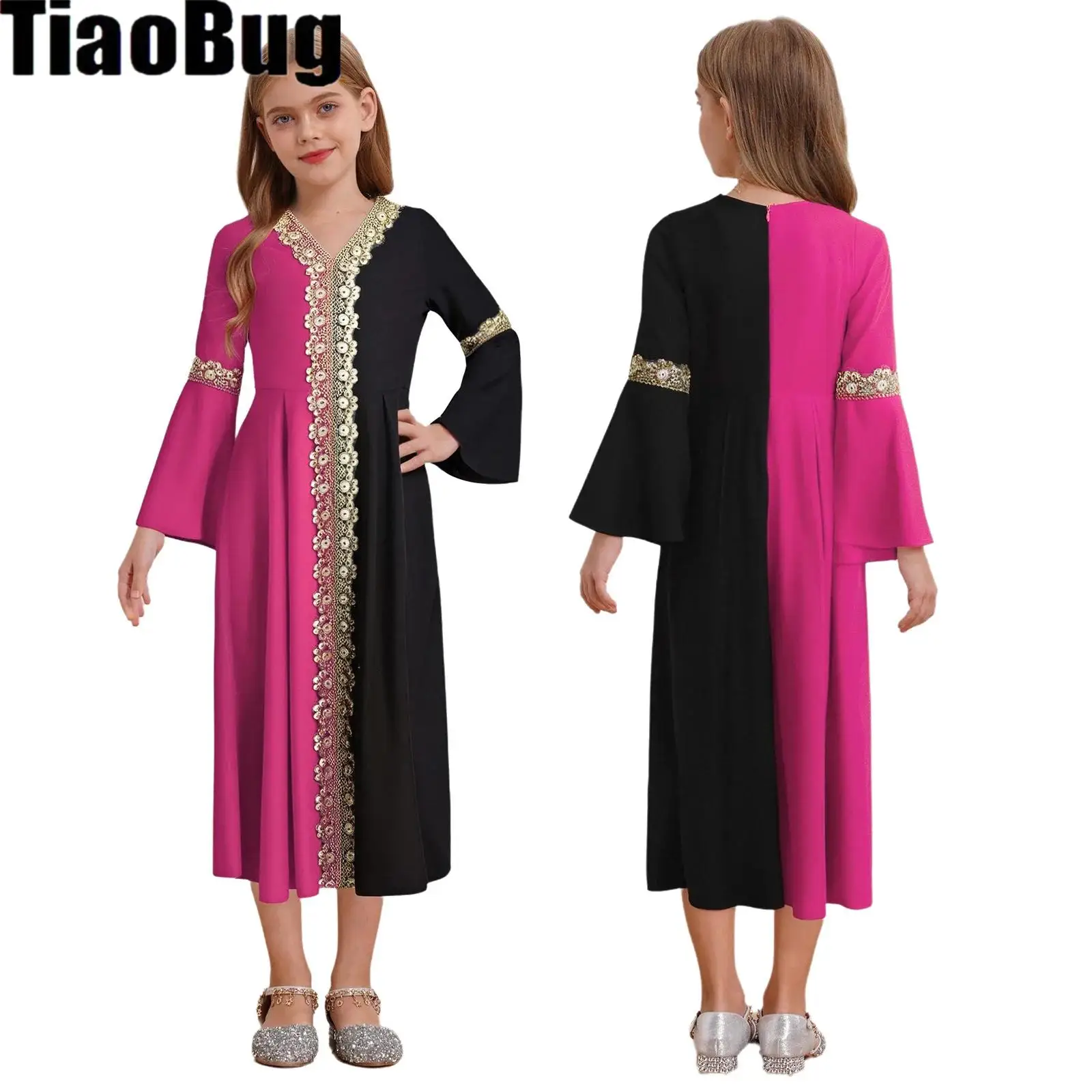 Kinder Mädchen Farbblock-Plisseekleid Abaya V-Ausschnitt Lange ausgestellte Ärmel Plisseekleid für Mottoparty Urlaub Hochzeit Party