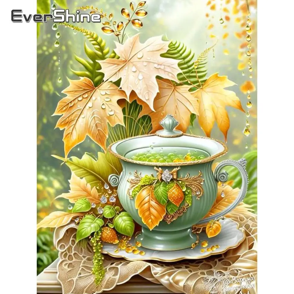 Evershine Neuheiten Diamant Stickerei Teetasse Kreuzstich Malerei Blätter Vollquadrat Rund Diamant Mosaik Handgemacht