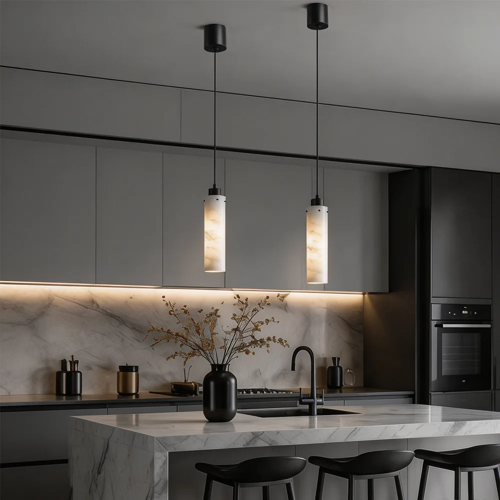 Modern Linear Alabaster Chandelier White Long Cloud Stone LED Marble Pendant Light for Kitchen Island Bedroom Living Room