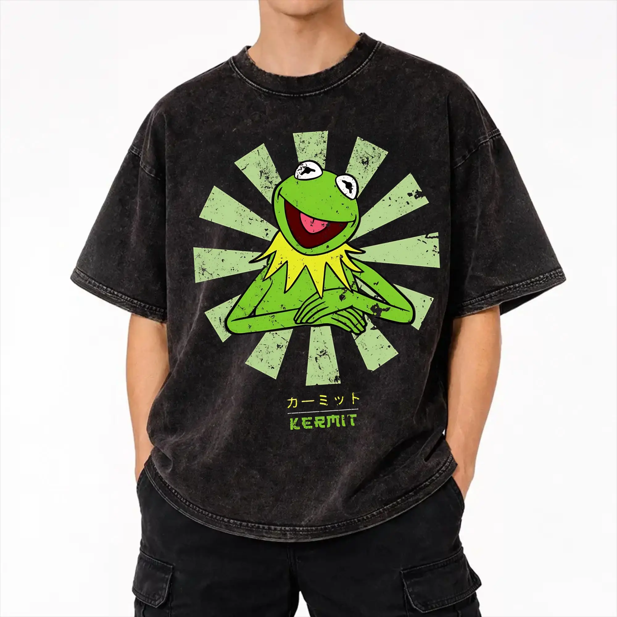 Graphic Printed Kermits the Frog Washed T Shirt Outfit Oversize T-Shirt  for Men Women Tee Shirt