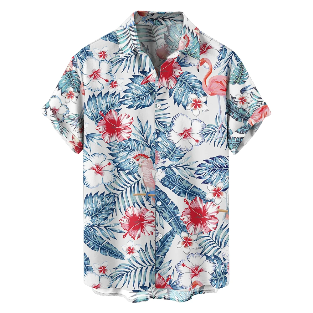 

Summer flower leaves red-crowned Crane Casual Travel Large size short-sleeve shirt Hawaiian style digital print trend shirt