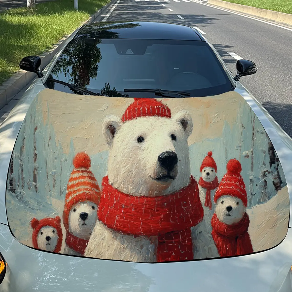 

Christmas Polar Bear Family Auto Cover Sticker, Waterproof and Self-adhesive Auto Hood Decal, Auto Vinyl Wraps, Cool Car Exterio