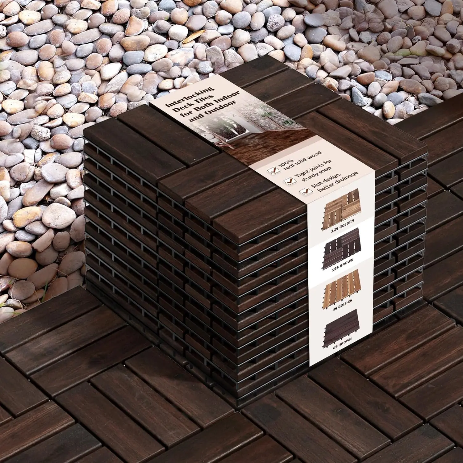 

Interlocking Deck Tiles 10PCS Waterproof Acacia Wood Patio Tiles, 12x12x0.9in Dark Brown, Easy Snap-Lock Installation for