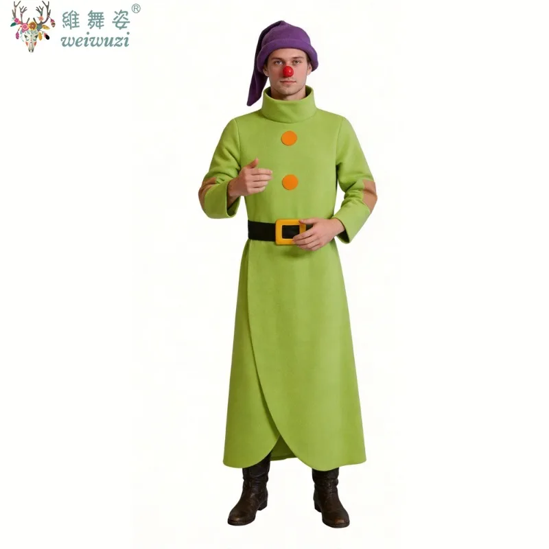

Anime Elf Dopey Cosplay Costume Men's Hat Green Robe Outfits Comic Con Seven Dwarfs Halloween Carnival Party Fantasy Clothing