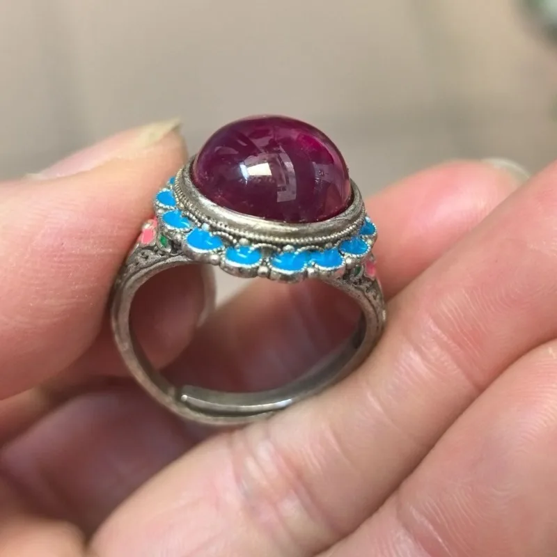 Vintage Collectible Open Ring, Bluing Fine Craft Inlaid Star Gemstone Cabochon Round Setting Adjustable Retro Finger Jewelry
