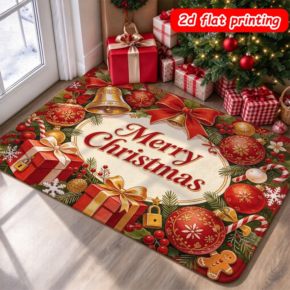 Festive Red Welcome Rug Golden Bell Ribbon Christmas Ornament Floor Mat Gingerbread Man Area Rug Holiday Home Doormat