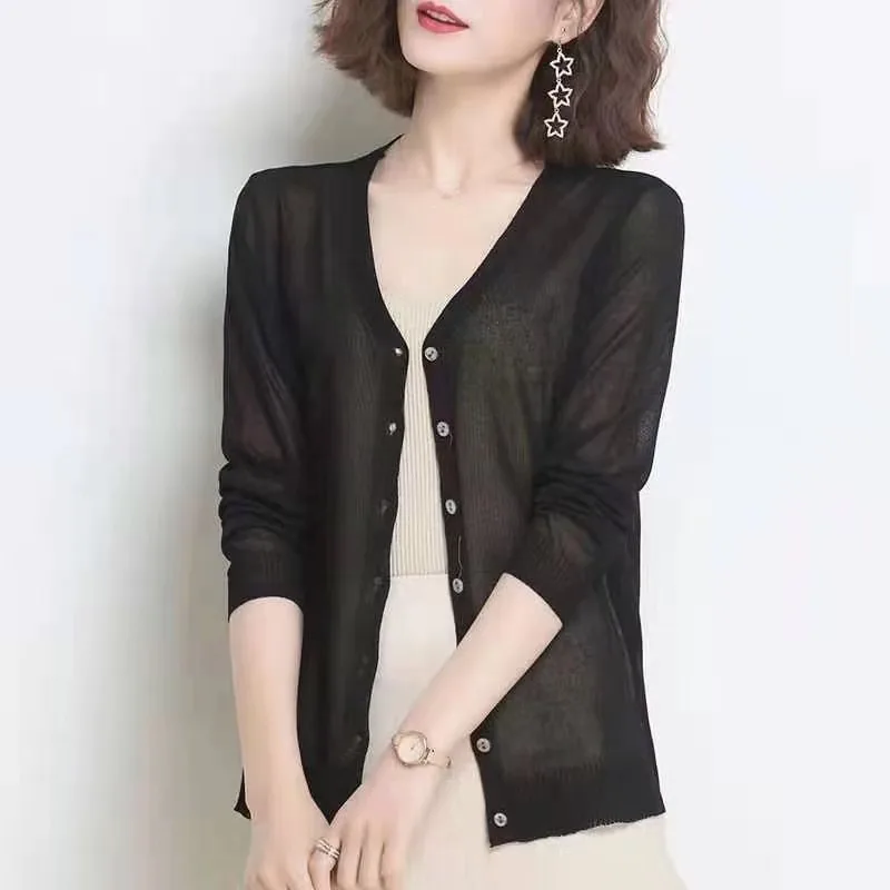 Cardigan Summer Long Sleeve Knitted Women New Ice Silk Knitwear Korean Thin Air-conditioning Sunscreen Shirt Tops