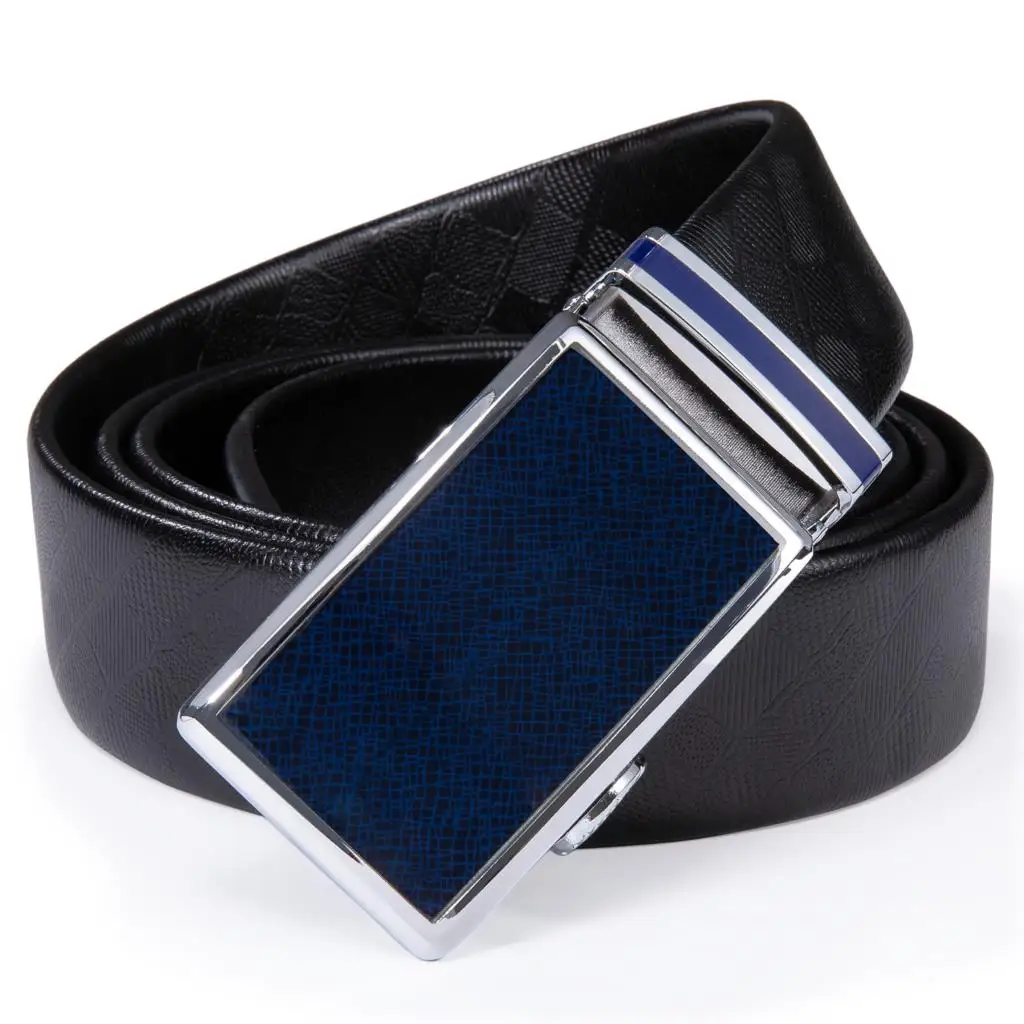 

Designer Black Leather Belts for Men Silver Blue Solid Metal Automatic Buckle Cowskin Waistband Casual Straps Barry.Wang