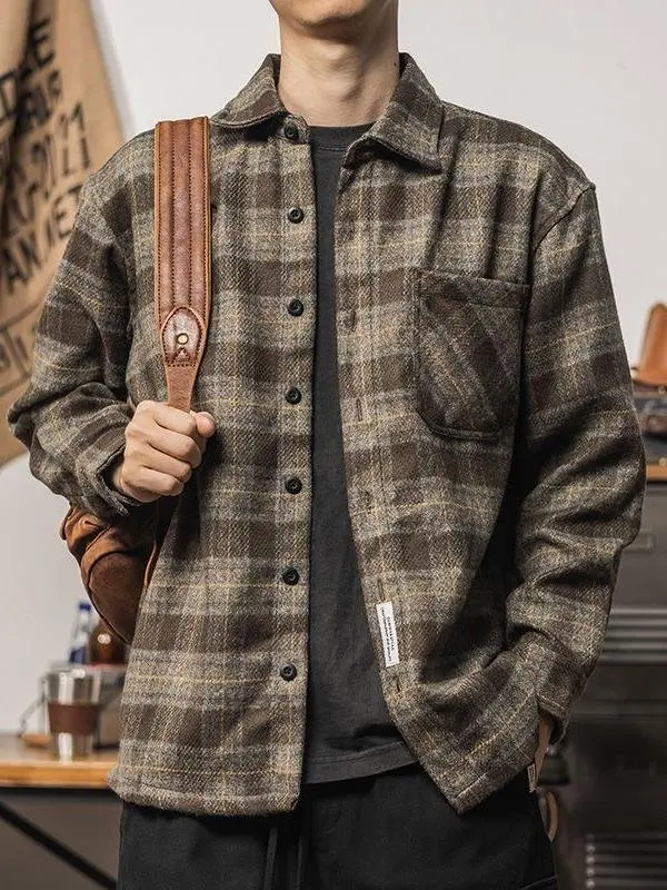 

Briti Sle Men's Plaid irt Autumn Loose Long Sve Fce Lined Casual Jaet Vintage Retro Breathable Busin Wear