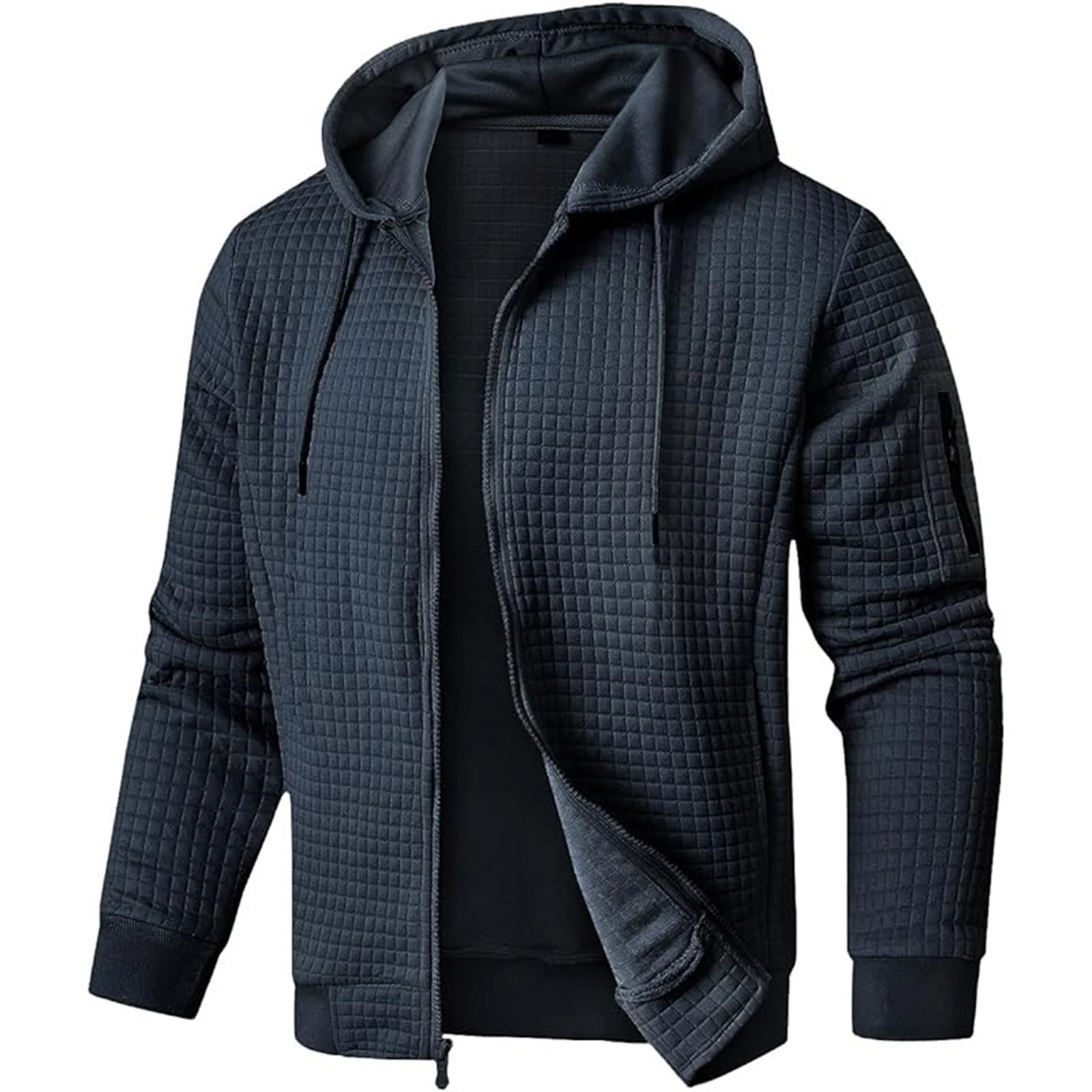 

Men'S Solid Color Lightweight Comfortable Hooded Sweatshirt With Full Zipper Waffle Sweatshirt And Casual Jacket Jacket