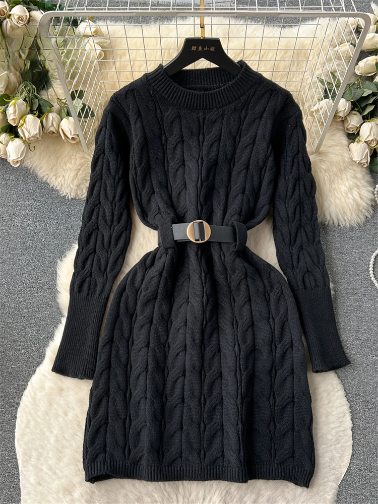 Office Lady Knitted Dress Twist Drill Shaped Long Sleeves Belt Solid Women Senior 2024 Winter Thick Sweater Midi Dress F434