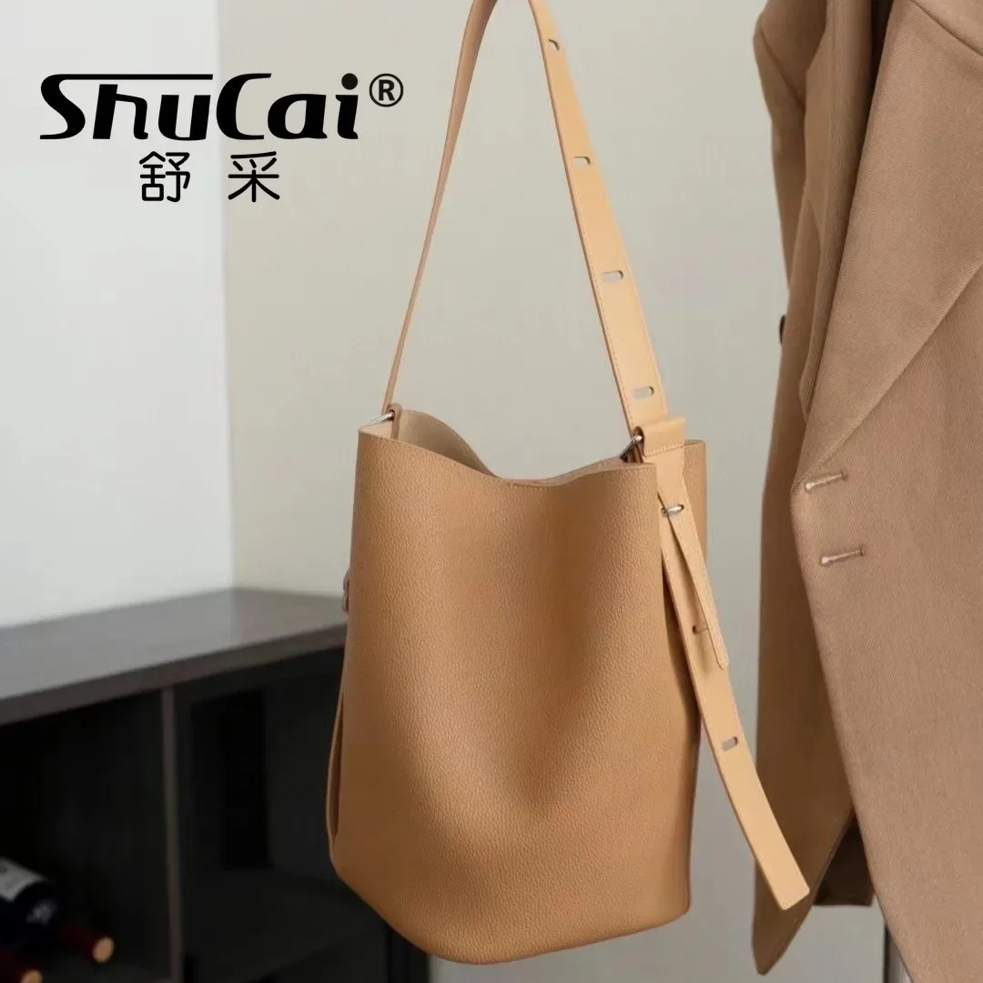 Genuine Women\'s Bag Cowhide Bucket Bag Large Capacity Fashion Trend Niche Single Shoulder Crossbody Bag 1108