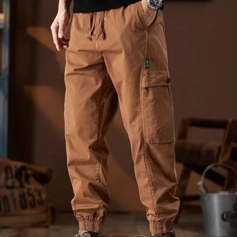 Drawstring Spring Autumn Solid Color Elastic High Waisted Casual Pockets Trousers Wide Leg Men's Clothing Cargo Bloomers Pants