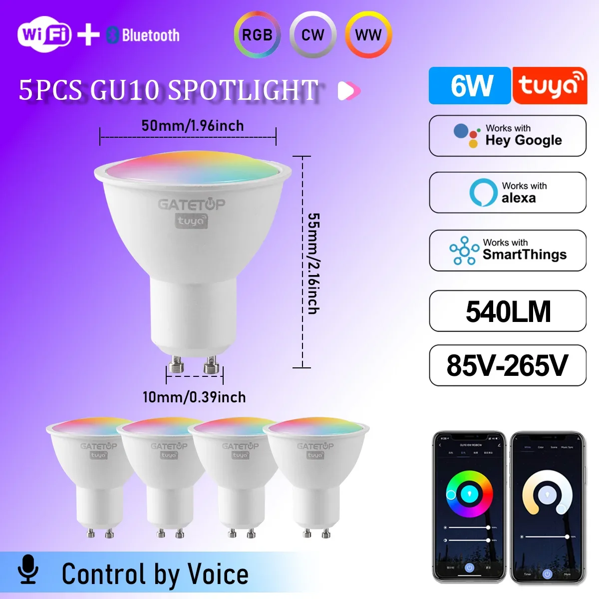 1-10PCS Tuya WiFi GU10 LED Spotlight Slimme Gloeilamp Dimbaar 1-100% Lampen Smart Life App Controle Werkt met Alexa Google