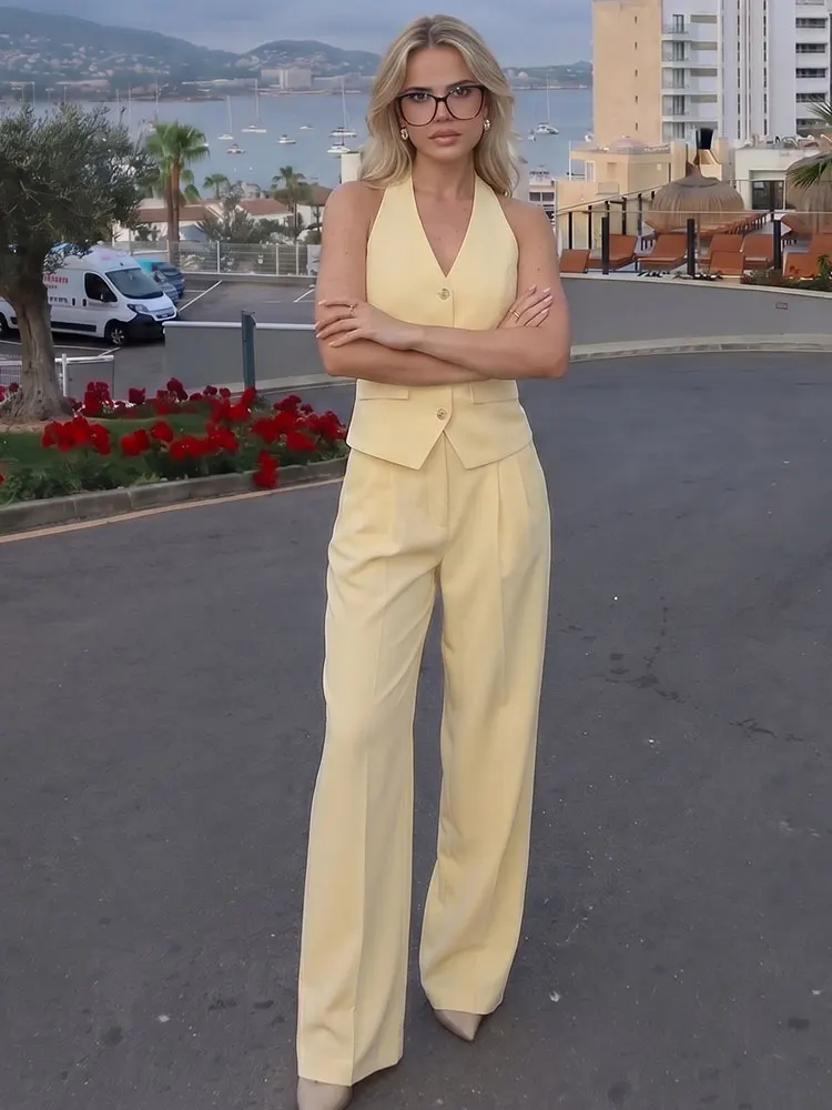 HH Woman Vintage Halter Neck Vest Zip Straight Trousers 2 Piece Set For Women Spring Summer Casual Fashion Holiday Beach Suits image 4