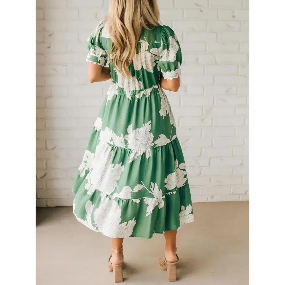 Women Boho Lapel Printed Webbing Splicing Long Dress Bohemian Vacation Beach Dress Ladies Casual Holiday Maxi Chic