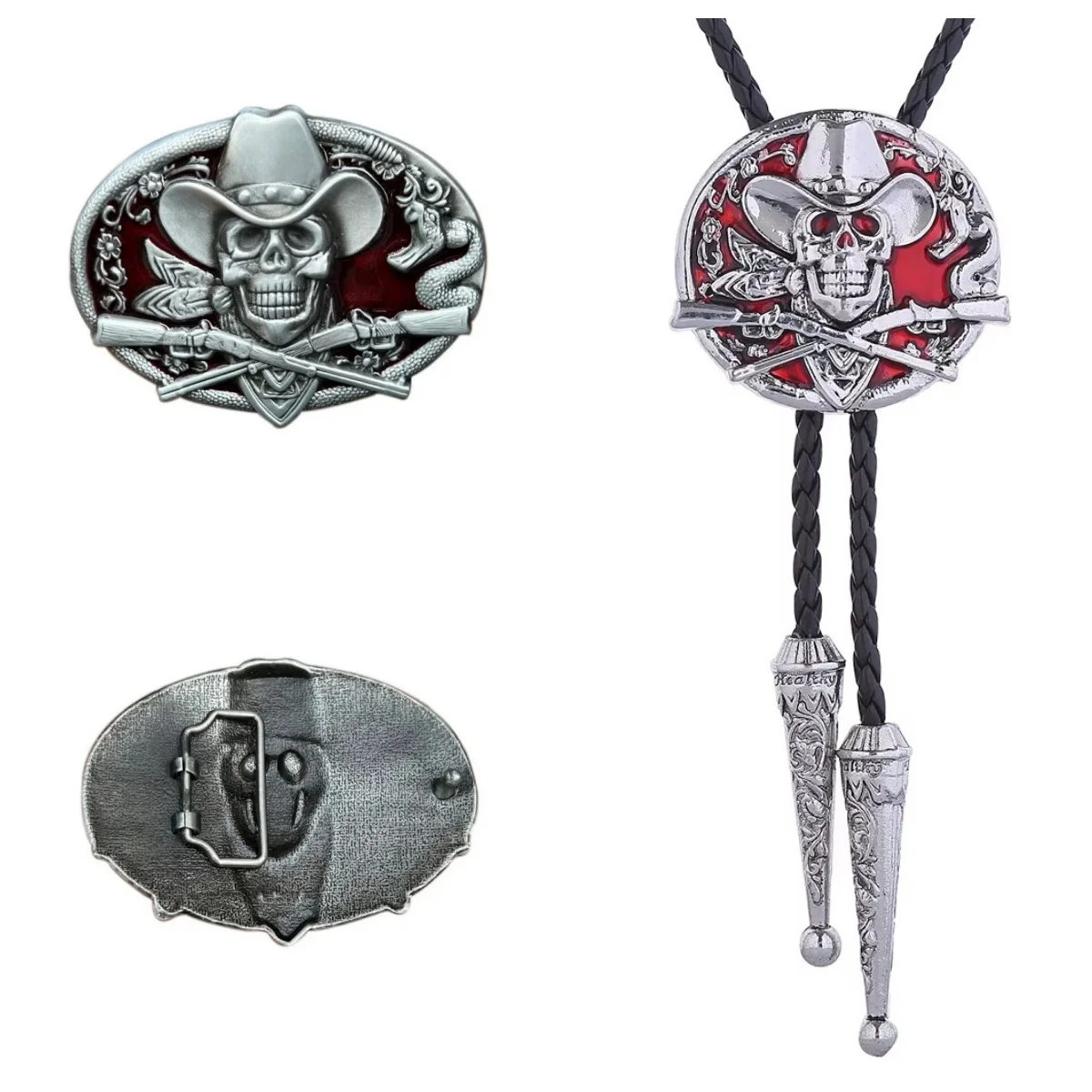 Two sets of Bolo ties and belt buckles, along with alloy skull hats, featuring a unique style of western cowboy belts