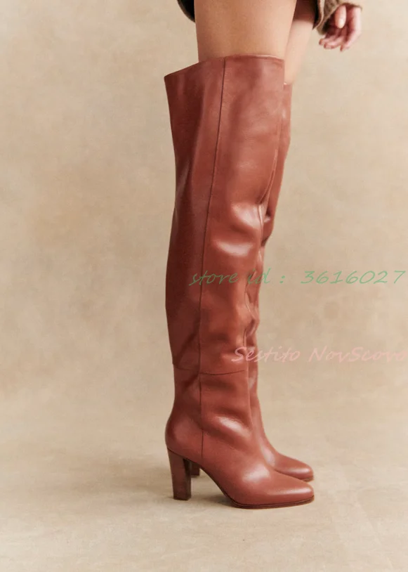 Brown Thigh High Boots Pointed Toe Inside Zip Block High Heels Over The Knee Boots Sewing Classic Long Boots for All Seasons