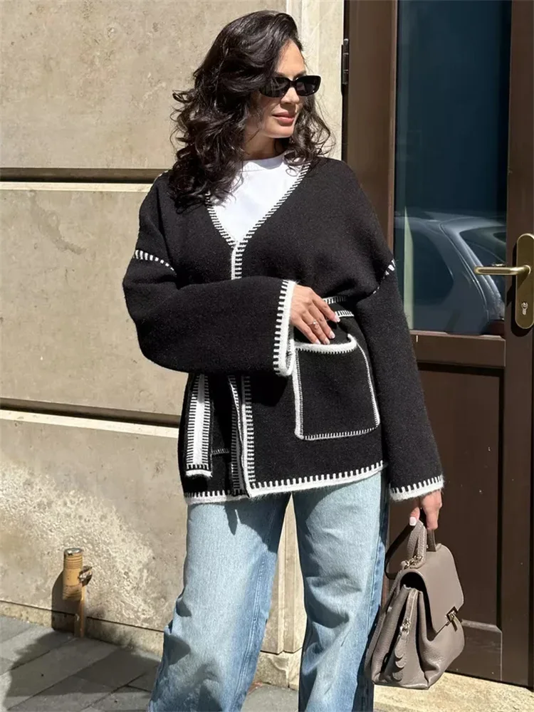 Cárdigan de punto con contraste para mujer, suéter con cordones y bolsillo, abrigo holgado de manga larga con retazos, prendas de punto de otoño, prendas de vestir para mujer