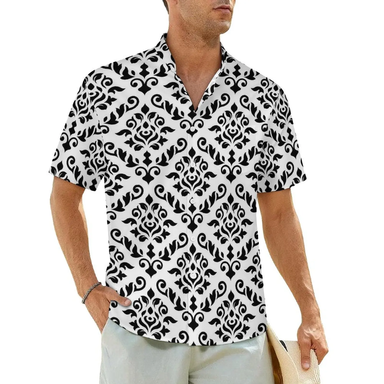 

Damask Baroque Print Casual Shirt Black White Novelty Hawaiian Shirts Mens Short Sleeve Beach Harajuku Plus Size 3XL 4XL Blouses