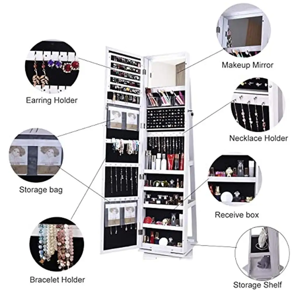 Kabinet perhiasan berputar kabinet penyimpanan kayu Armoire dapat dikunci 360 ° rak Organizer Makeup putar kalung anting cincin kait