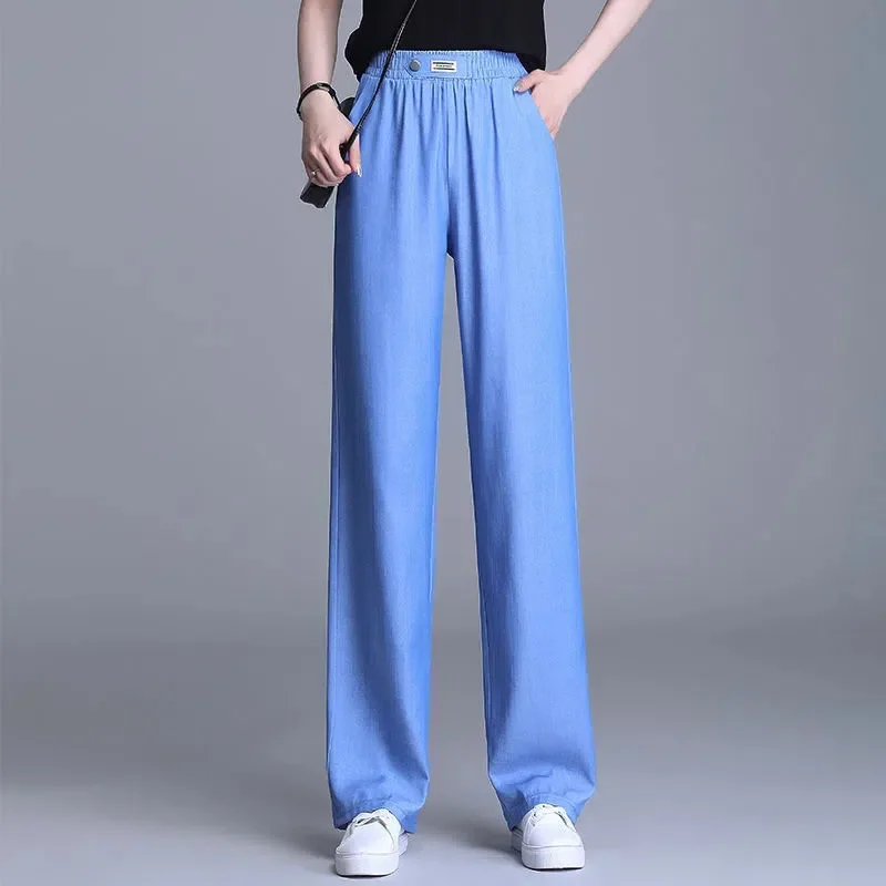 Ice Silk Jeans Women Summer Thin Comfortable Blue Denim Wide Leg Pants New Elastic High Waist Straight Trousers Female Pantalons