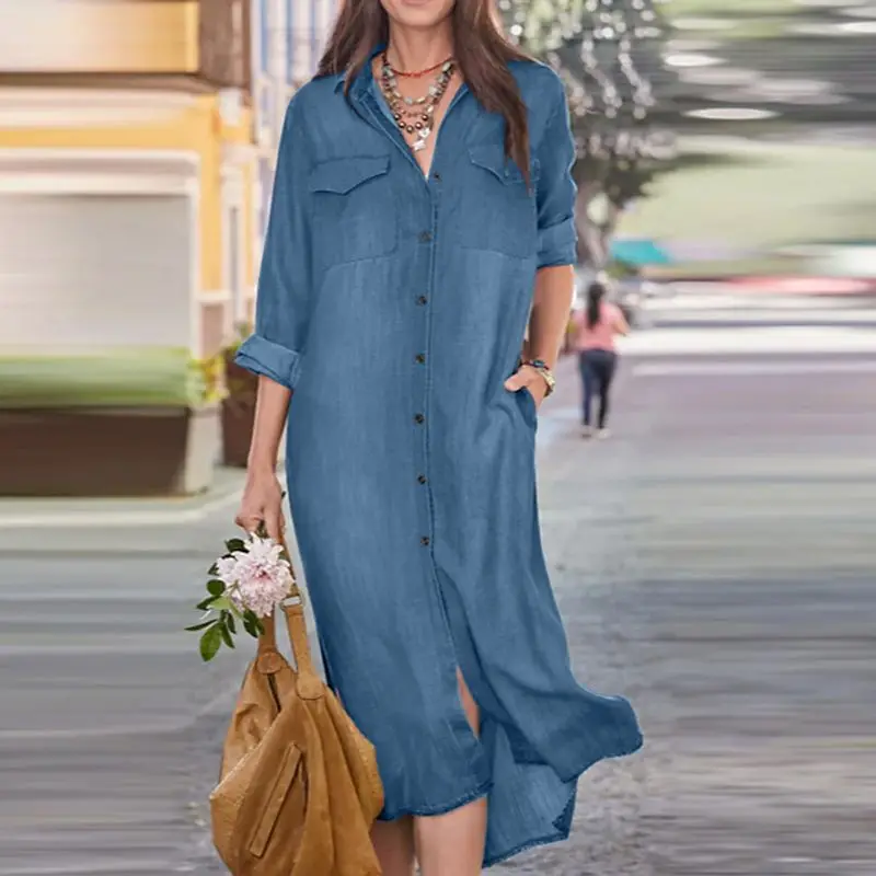 Loose Denim Oversize Shirt Dress Women Spring Autumn Casual Women Long Sleeve Long Dresses Vestidos Women\'s Clothing