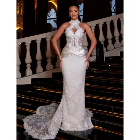 High Collar Lace Evening Dresses Bustier Corset Pleat Prom Dress Elegant Arabic Party Gown Gala Vestidos Customized